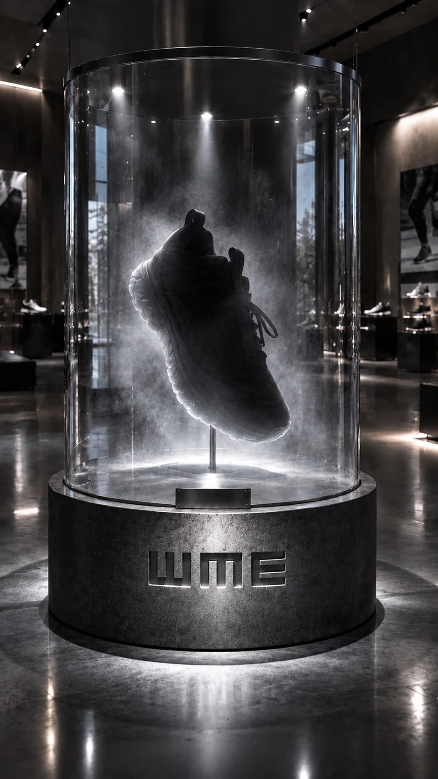 Concept espositivo WME: calzatura parzialmente nascosta in un cilindro illuminato